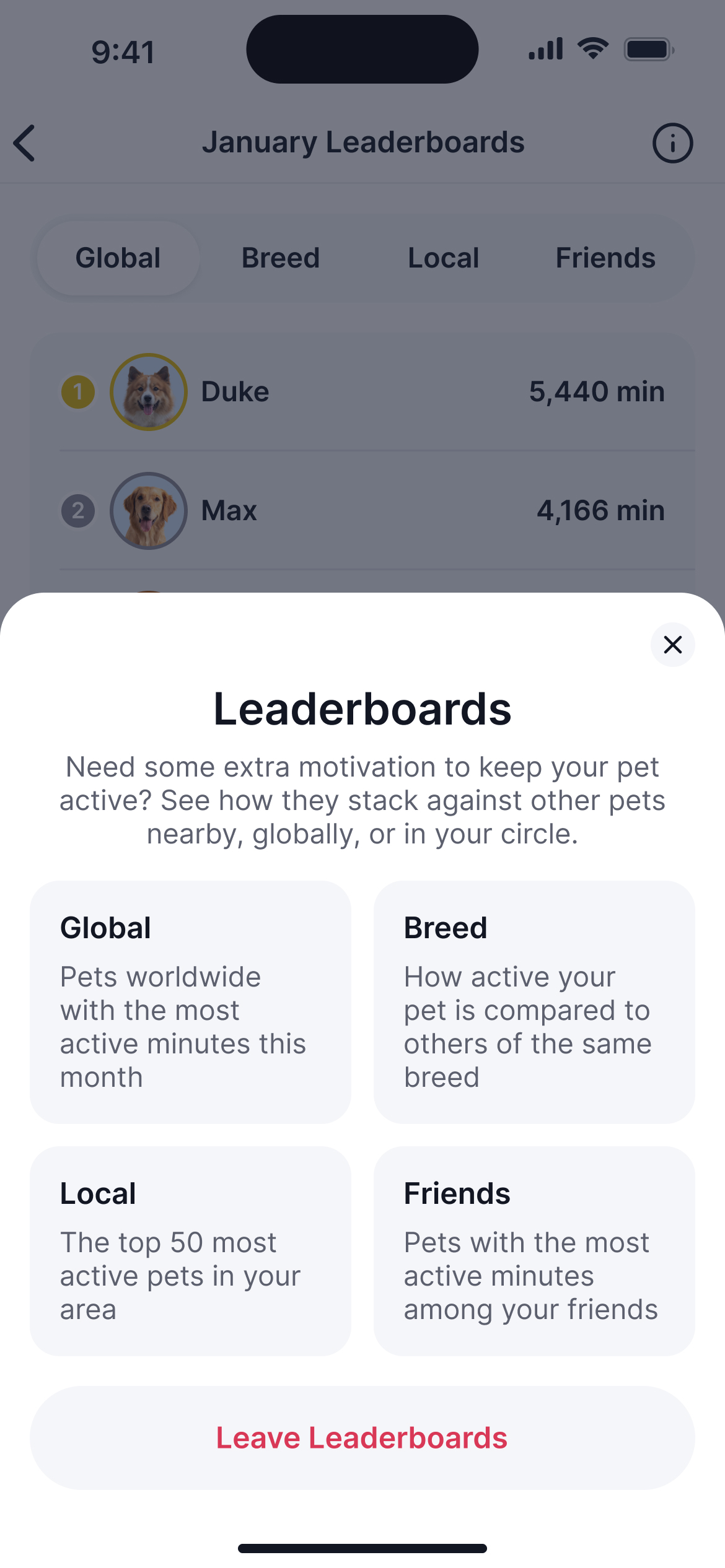 Mobile app screen showing the January Leaderboards with tabs for Global, Breed, Local, and Friends. The Global tab is selected. Duke is ranked first with 5,440 active minutes, and Max is ranked second with 4,166 minutes. A modal explains the different leaderboard categories and includes a button to leave the leaderboards.