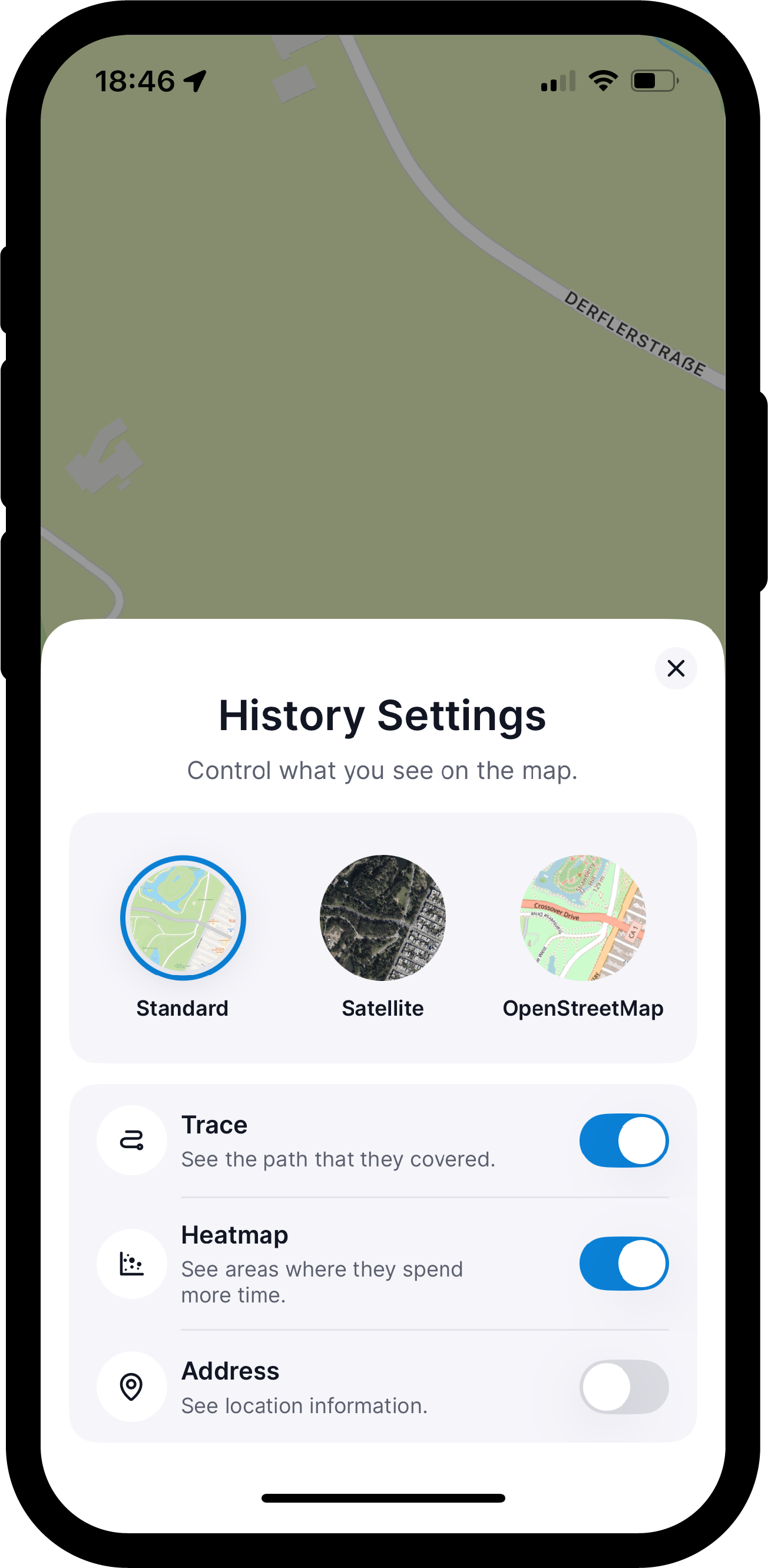 Screenshot of History Settings menu showing map type options (Standard, Satellite, OpenStreetMap) and toggles for Trace, Heatmap, and Address features