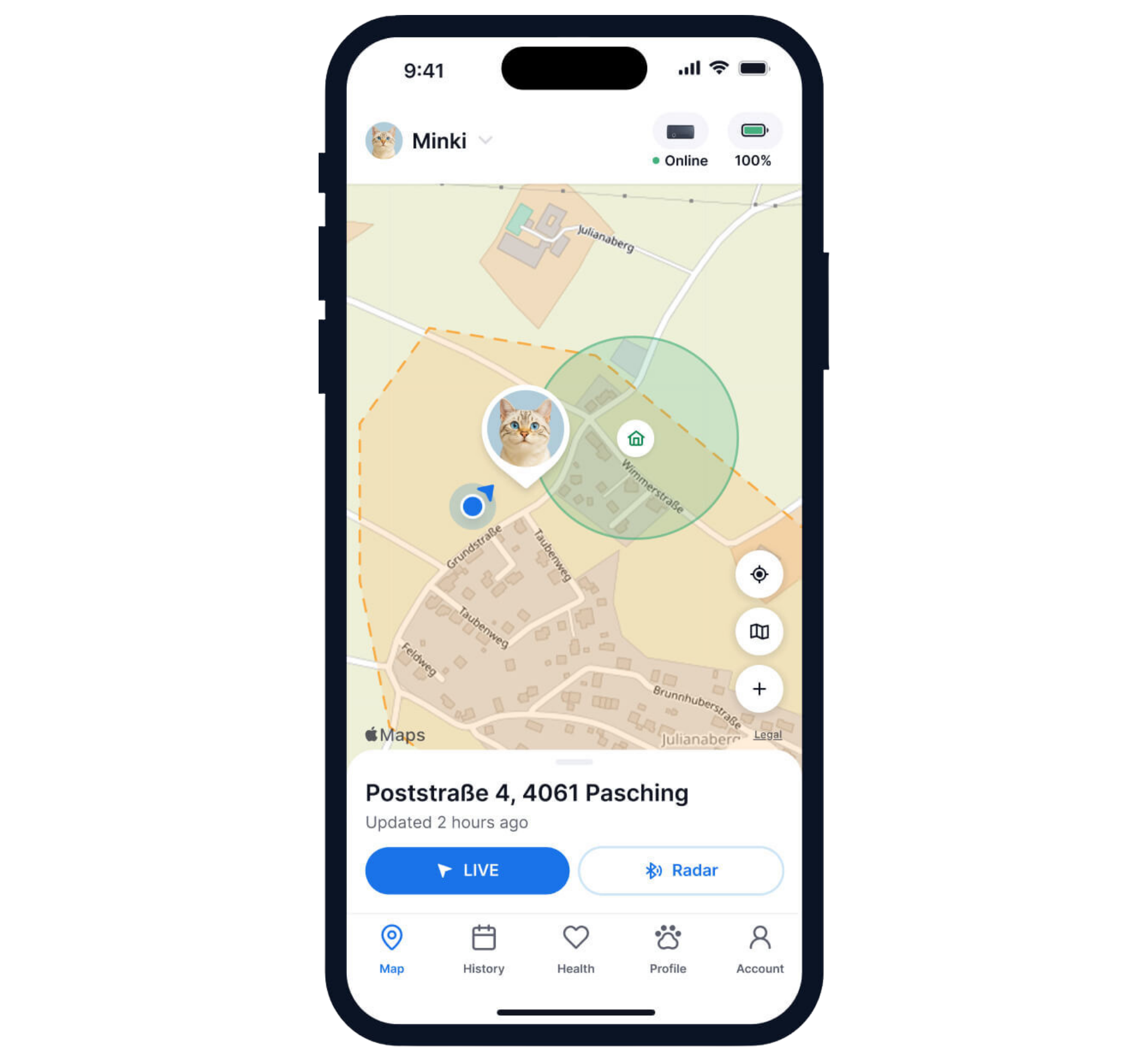 Tractive -Kartenansicht der App, die das Revier der Katze mit einer orangefarbenen gestrichelten Begrenzung und einem grünen „Zuhause“-Kreis anzeigt, wobei die Positionsmarkierung der Katze in der Mitte zu sehen ist