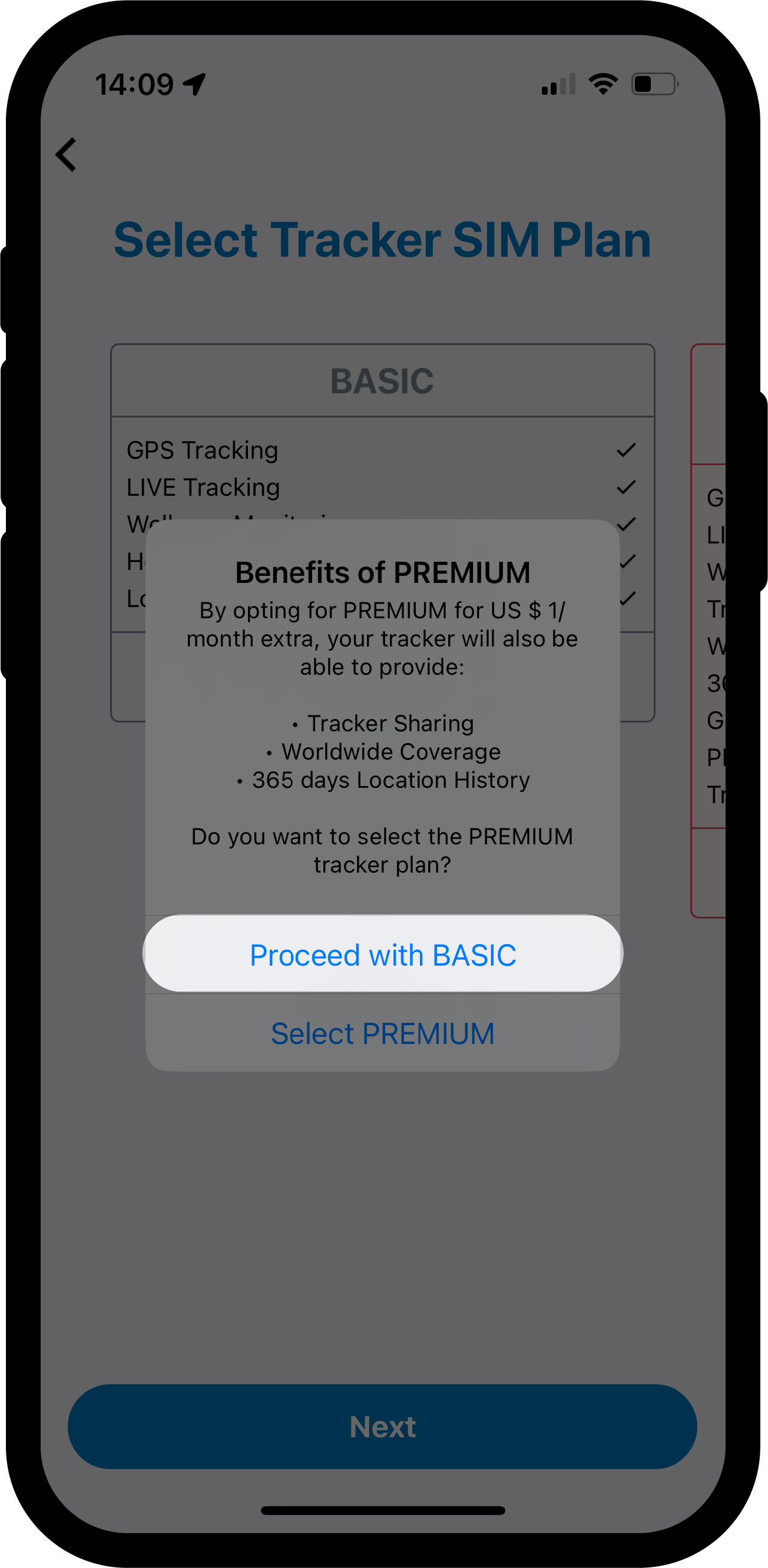 Finestra di dialogo che mostra i vantaggi dell'upgrade al piano Premium a 1 $/mese: condivisione del tracker, copertura mondiale e cronologia delle posizioni di 365 giorni, con le opzioni Continua con Basic e Scegli Premium