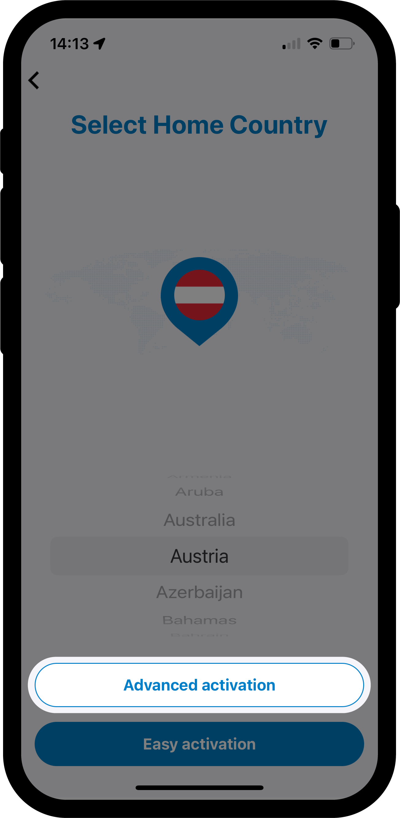 Select Home Country screen showing Austria highlighted with a location pin icon containing the Austrian flag, with a searchable country list below and Advanced activation and Easy activation buttons at the bottom