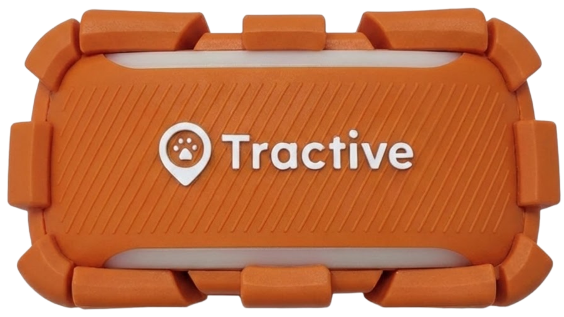 Orange Tractive DOG XL tracker with orange protective case and collar clips