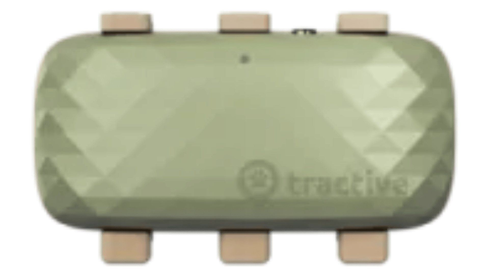 Salbeigrüner Tractive DOG XL Tracker mit geometrischem Diamantmuster und hellbraunen Halsbandclips