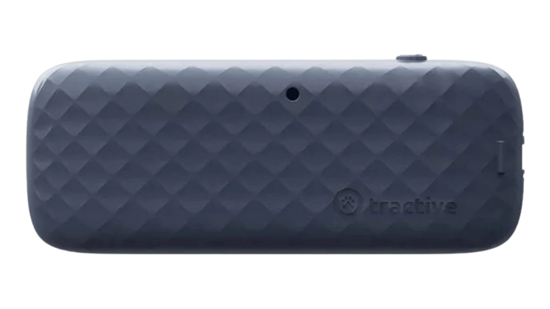 Tractive CAT 4 tracker in dark blue with diamond-textured surface and power button