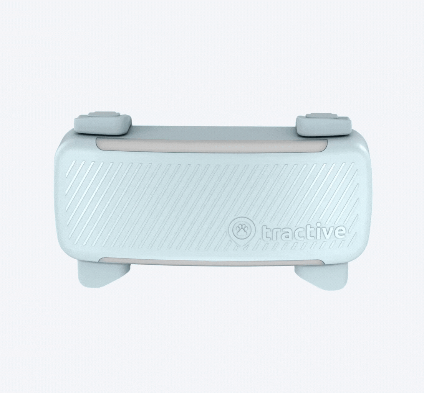 Animation, die zeigt, wie der Power-Button des Tractive DOG 6 Trackers kurz gedrückt wird, wobei die oberen grünen LEDs für GPS- und Netzwerkstatus und die untere weiße LED-Leiste den verbleibenden Akkustand anzeigen