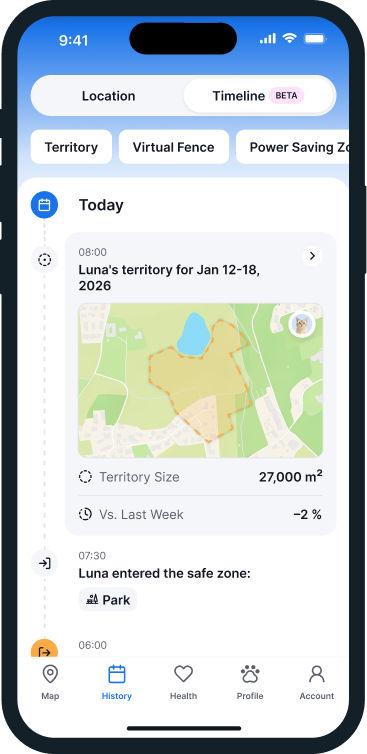 Tractive app timeline view showing pet's daily activity including territory size of 27,000 m², safe zone entries, and location history