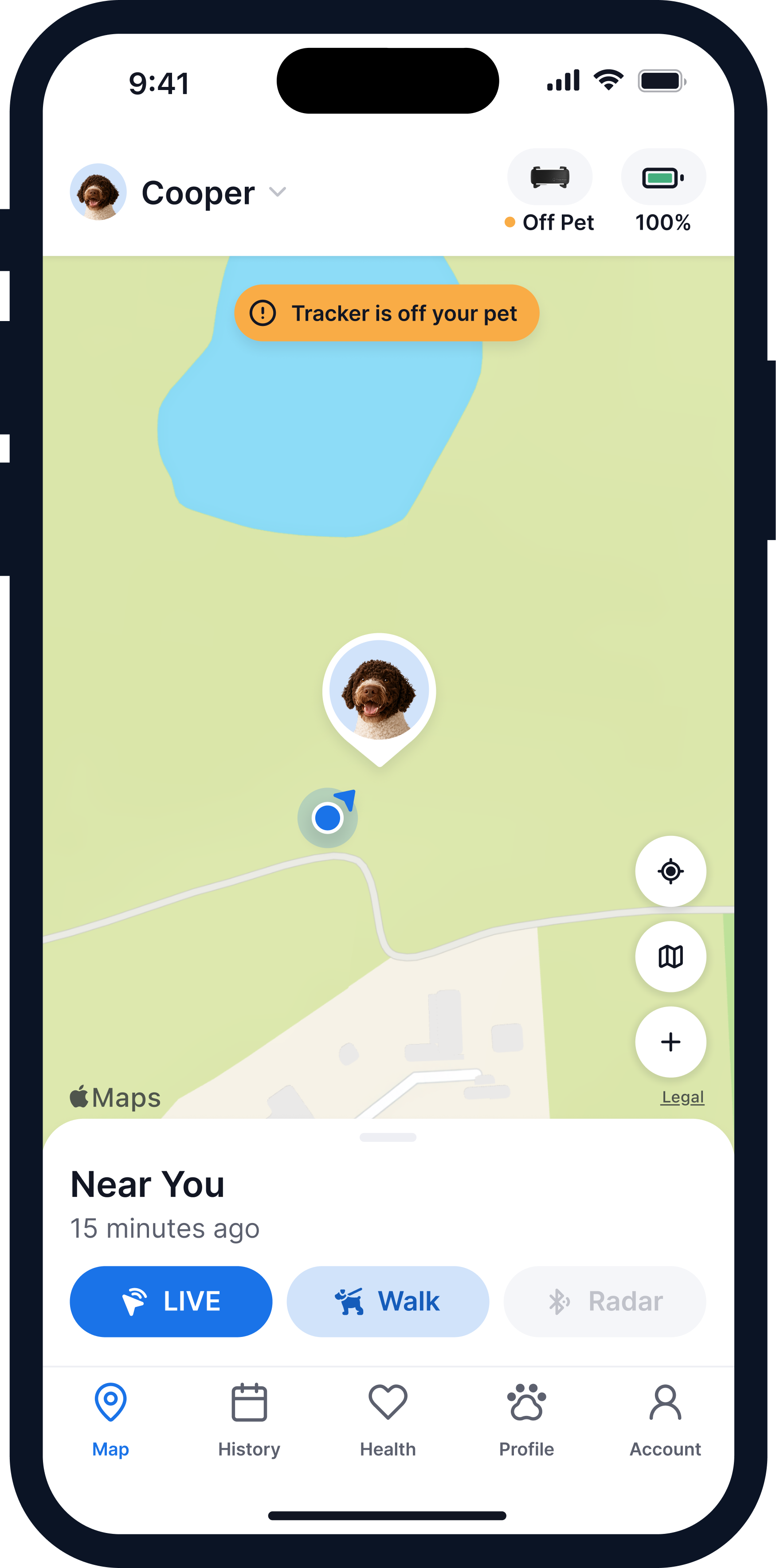 Tractive app modal explaining Tractive app map view displaying orange notification banner at top reading "Tracker is off your pet" with pet's last known location shown on map