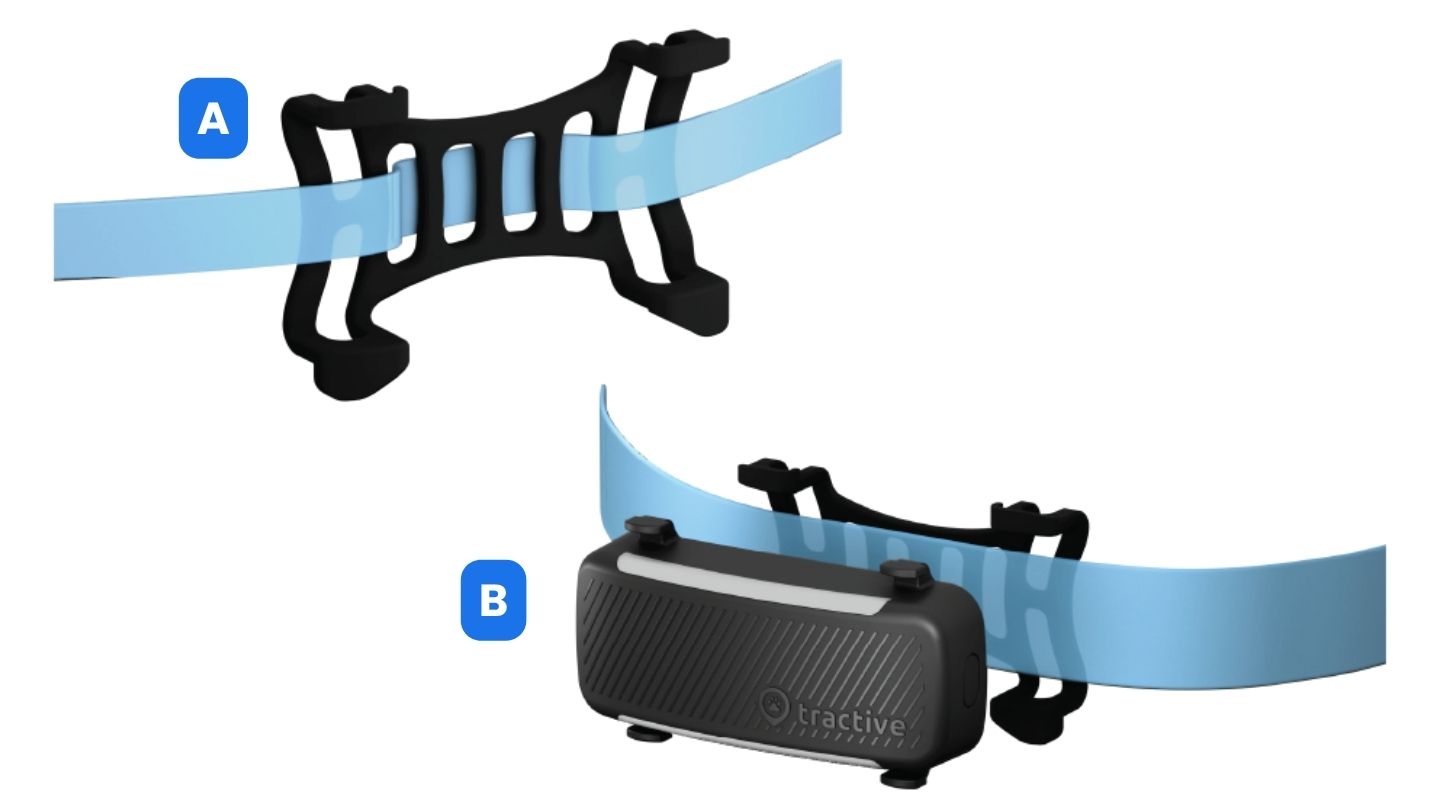 De rubberen houder op een halsband bevestigen en vervolgens de DOG 6-tracker op zijn plaats klikken