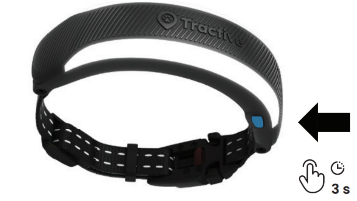 CAT 6 Mini Tracker mit blau hervorgehobener Einschalttaste, ein Finger- und Uhrensymbol zeigen an, die Einschalttaste an der Seite 3 Sekunden lang gedrückt zu halten