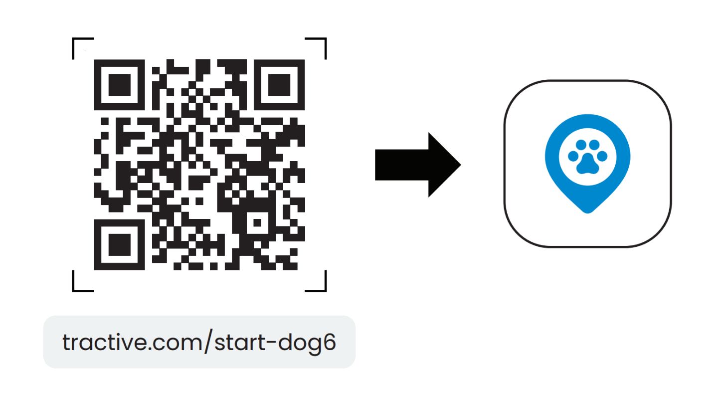 Codice QR per scaricare l'app Tractive, mostra l'URL tractive.com/start-dog6