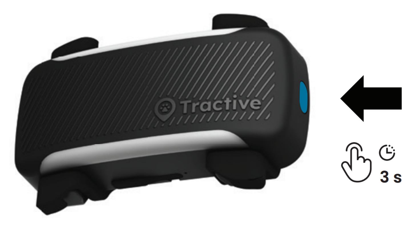 Traceur DOG 6 XL avec bouton d'alimentation mis en évidence en bleu, une icône de doigt et d'horloge indiquant d'appuyer et de maintenir le bouton d'alimentation sur le côté pendant 3 secondes