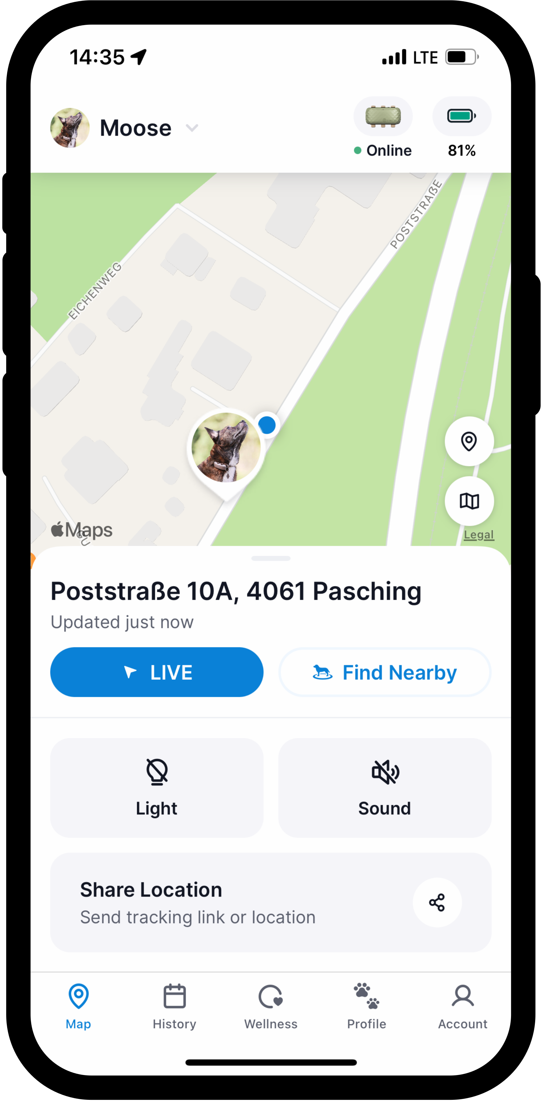 Screenshot of the Tractive GPS app showing a pet named Moose’s live location on a map, with the address Poststraße 10A, 4061 Pasching displayed. The device is online with 81% battery, and options like LIVE tracking, Find Nearby, Light, Sound, and Share Location are visible.