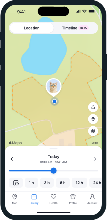 Schermata Mappa dell'app Tractive che mostra il territorio del gatto delimitato da linee tratteggiate gialle, indicando la posizione attuale dell'animale domestico e le dimensioni del territorio