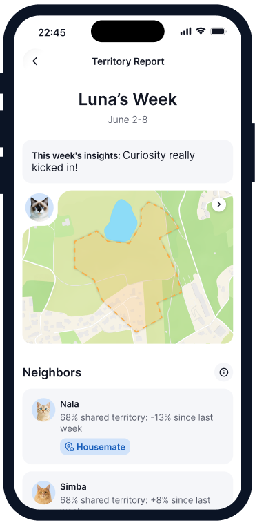Territory report for Luna showing a map with the territory marked by orange dotted lines. Below the map is a list of neighbor cats Nala and Simba, with percentages of shared territory and weekly changes